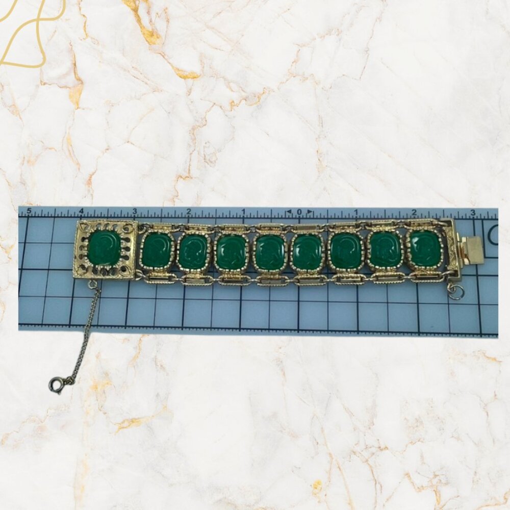 Vintage Italian Gold-Plated Green Intaglio Bracelet 6.5” 9 Glass Cameos - Picture 11 of 12